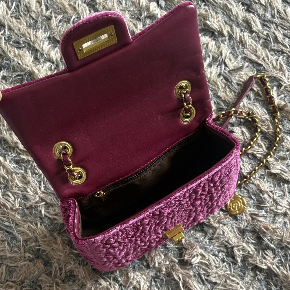 Plush Quilted Pink Shoulder Bag with Chain Strap Gold Hardware